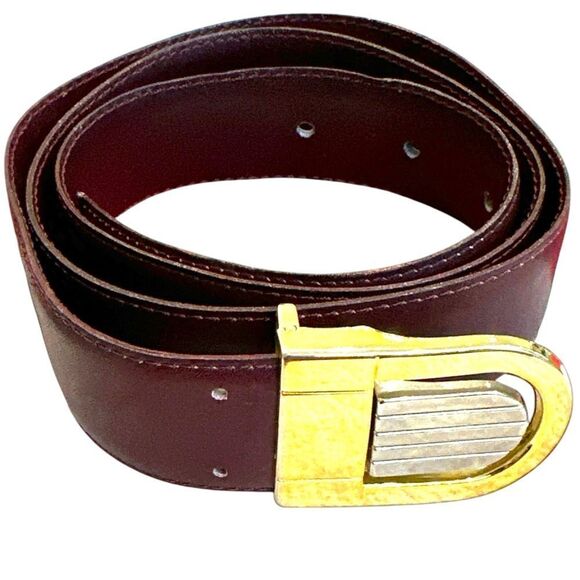 1970’s YSL Yves Saint Laurent burgundy leather belt gold silver buckle 32/80 - Picture 1 of 7